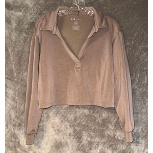 T/S Thrive Light Brown Collared V-neck Semi Crop Modal Blend Sweater M
